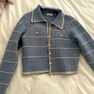 Sandro Scalloped Knit Baby Blue Cardigan Pearl Buttons